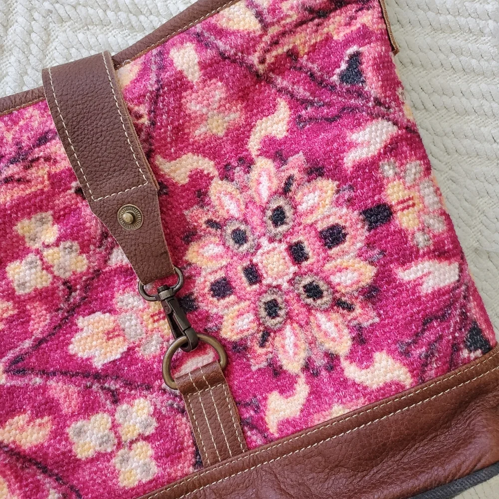 Myra Bag Fuchsia Tapestry Cotton & Leather Boho Satchel - Picture 2 of 14